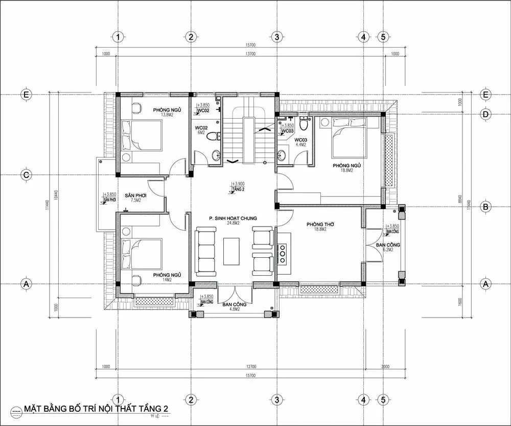 Các mẫu nhà 2 tầng 5 phòng ngủ 150m2 đẹp & bản vẽ chi tiết