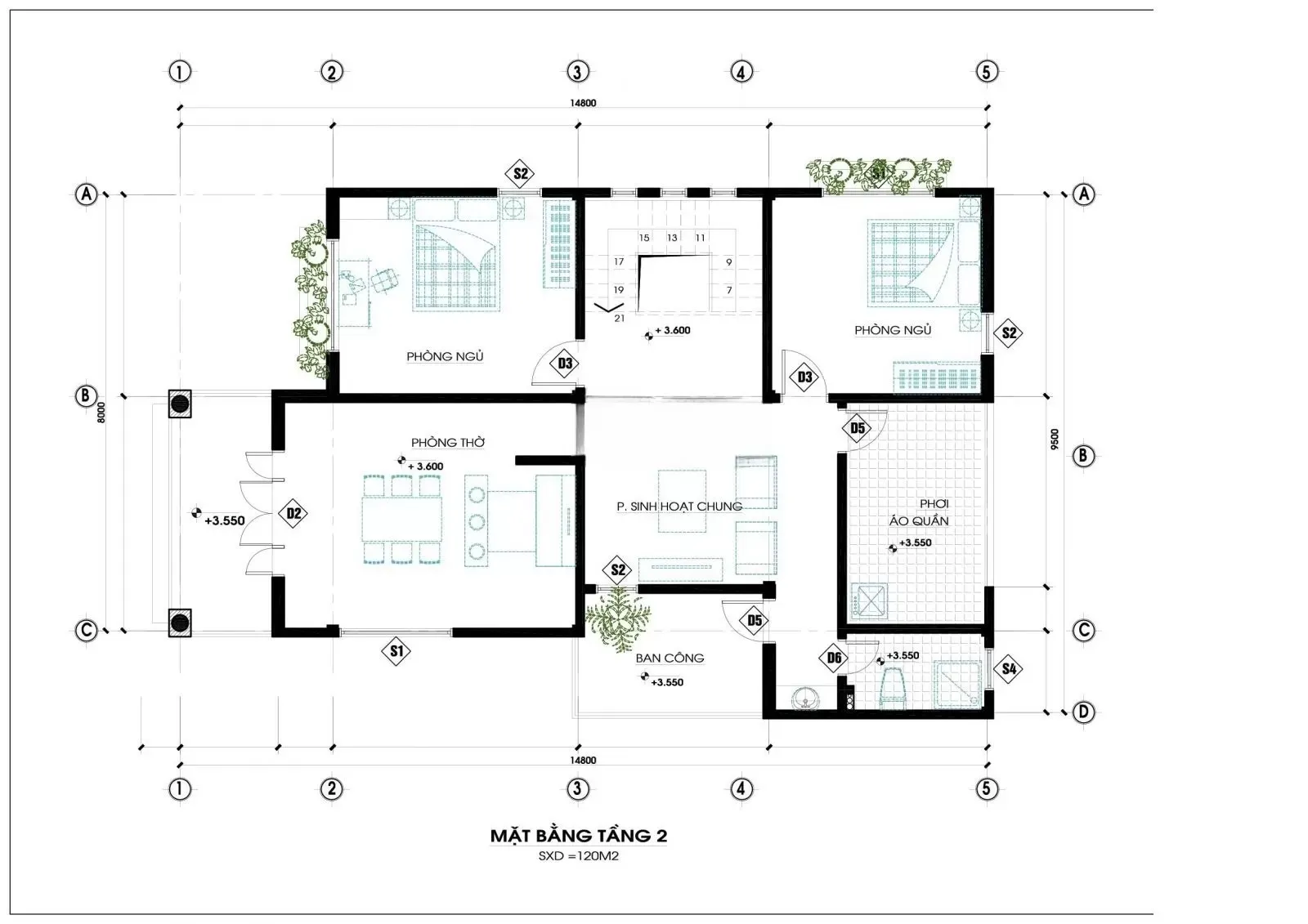 Các mẫu nhà 2 tầng 5 phòng ngủ 150m2 đẹp & bản vẽ chi tiết