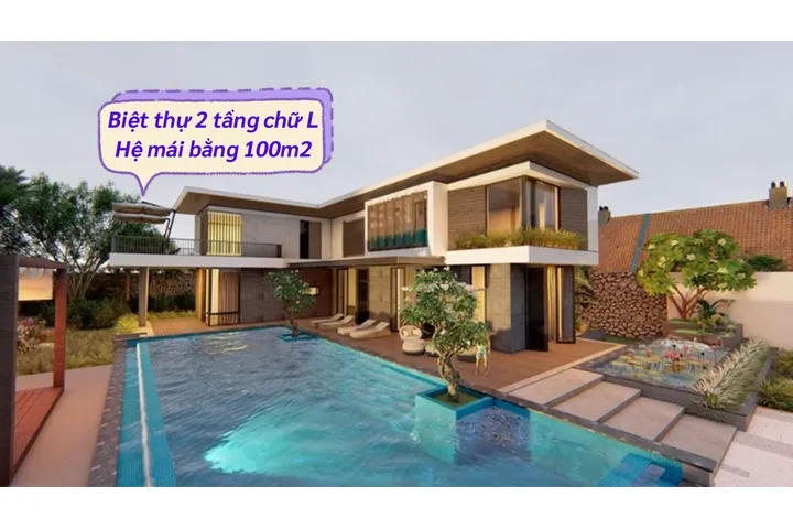 Các mẫu nhà 2 tầng chữ l 100m2 mái bằng đẹp thiết kế hiện đại