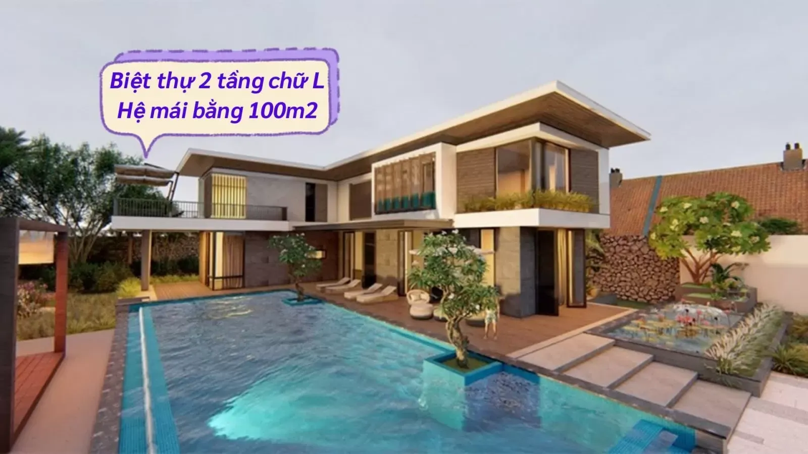 Các mẫu nhà 2 tầng chữ l 100m2 mái bằng đẹp thiết kế hiện đại