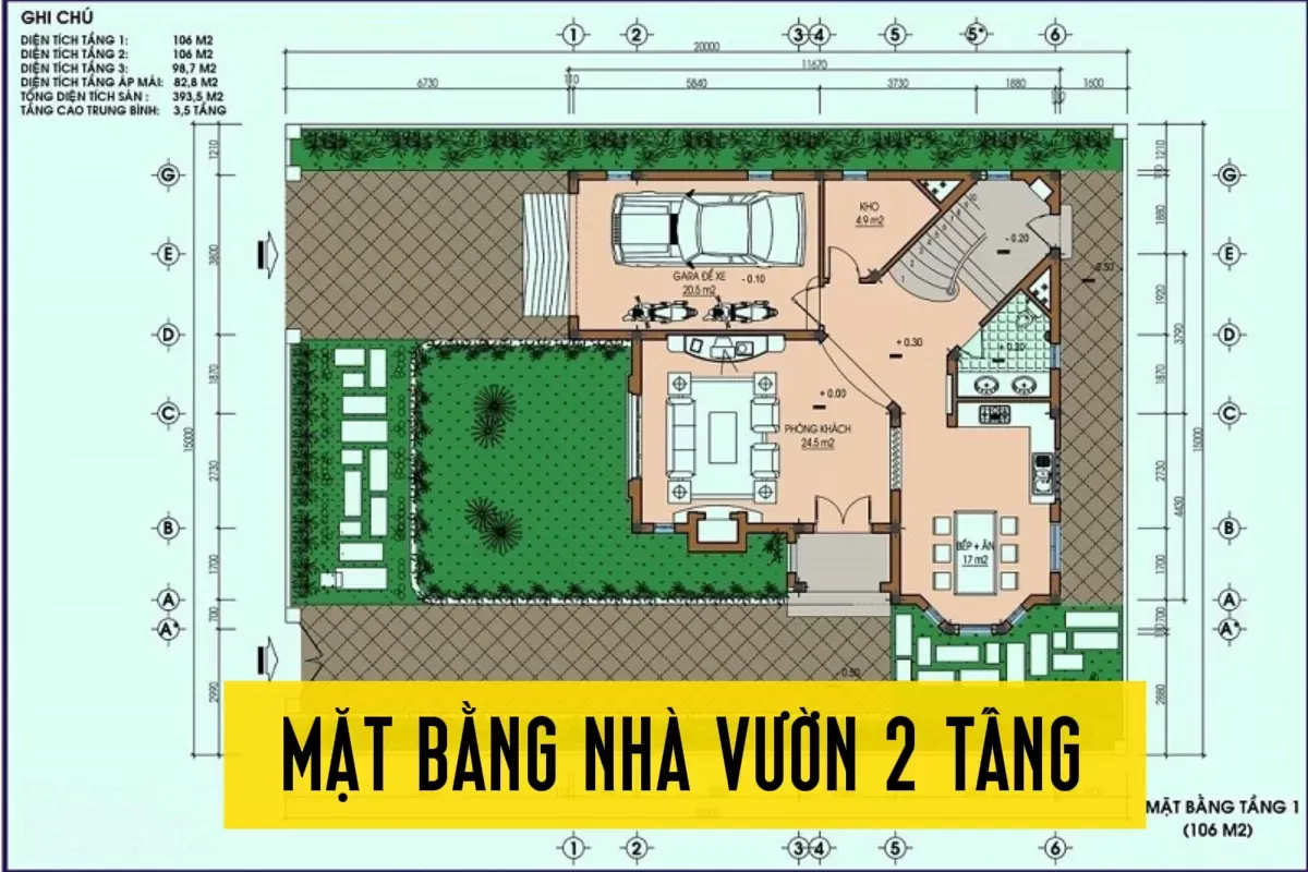 Mặt bằng nhà vườn 2 tầng thiết kế chuẩn phong thủy 2024