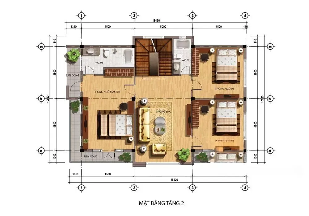 Mặt bằng nhà vườn 2 tầng thiết kế chuẩn phong thủy 2024