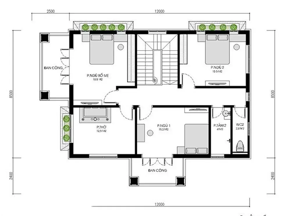 Tổng hợp các bản vẽ nhà 2 tầng 8x12m được sử dụng nhiều nhất